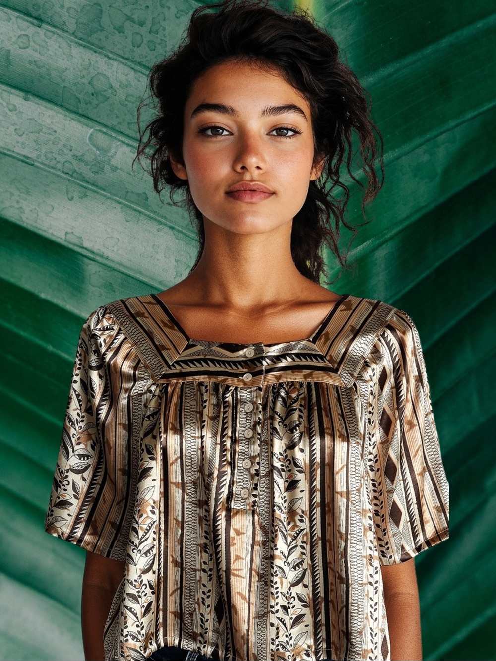 TRAMP Boho Silk Blend Mixed Tribal Print Square Neck Button Front Blouse Medium